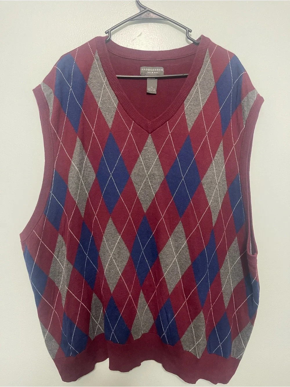 Saddlebred Burgundy, Gray and Blue Argyle V-Neck Sweater Vest